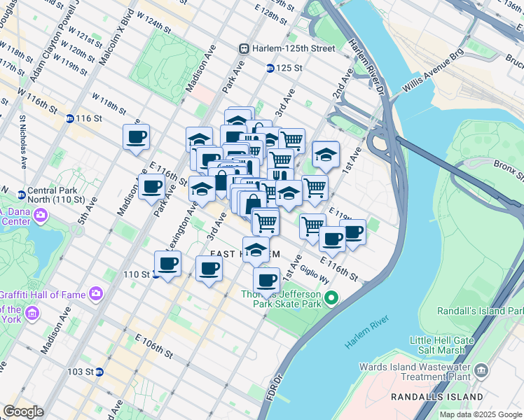 map of restaurants, bars, coffee shops, grocery stores, and more near 226 East 118th Street in New York