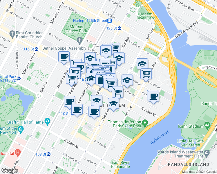 map of restaurants, bars, coffee shops, grocery stores, and more near 2139 3rd Avenue in New York