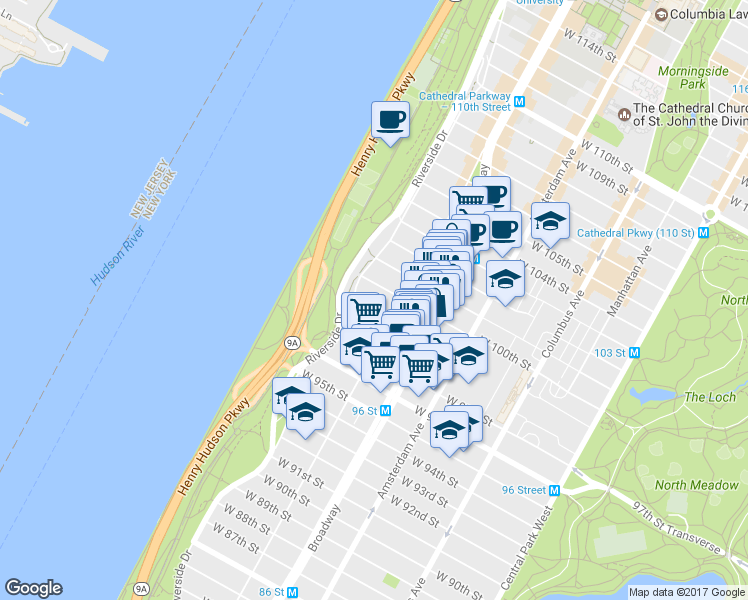 map of restaurants, bars, coffee shops, grocery stores, and more near 325 West 100th Street in New York