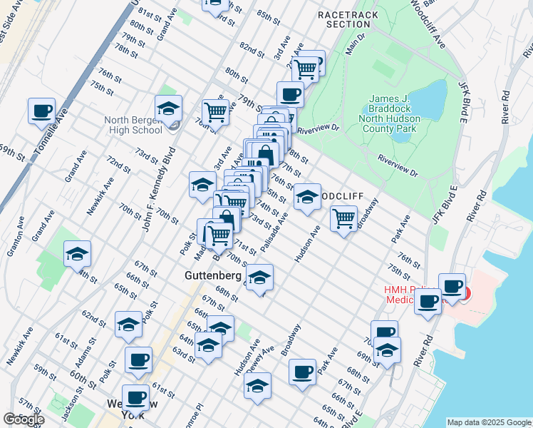 map of restaurants, bars, coffee shops, grocery stores, and more near 432 74th Street in North Bergen