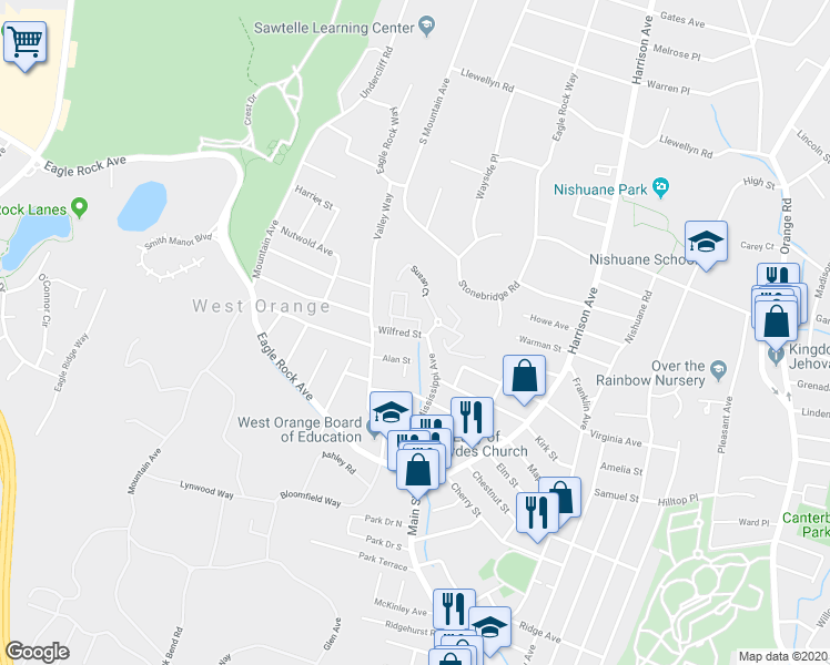 map of restaurants, bars, coffee shops, grocery stores, and more near 45 Wilfred Street in West Orange