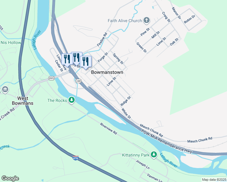 map of restaurants, bars, coffee shops, grocery stores, and more near 301 Stony Hill in Palmerton