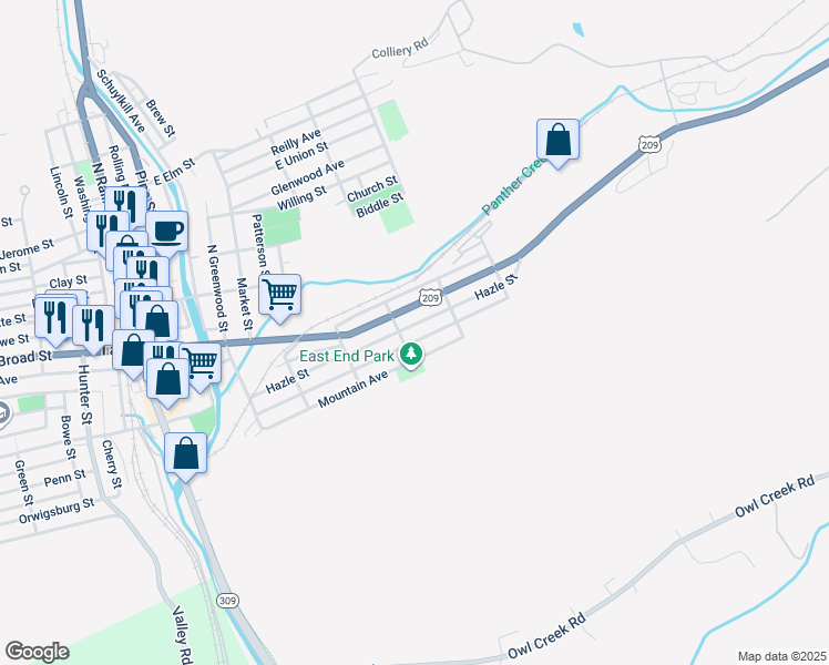 map of restaurants, bars, coffee shops, grocery stores, and more near 628 1/2 East Broad Street in Tamaqua