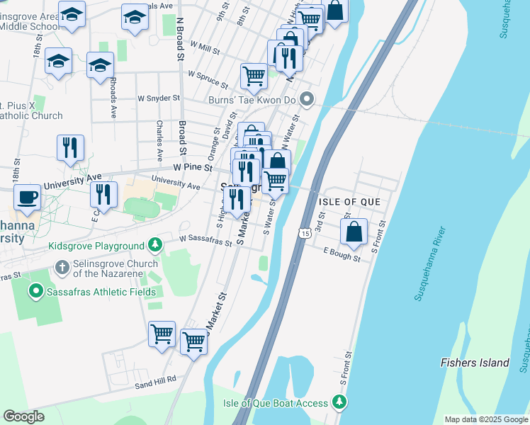 map of restaurants, bars, coffee shops, grocery stores, and more near in Selinsgrove