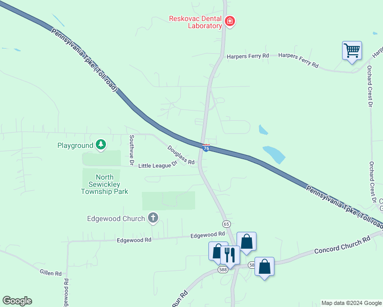 map of restaurants, bars, coffee shops, grocery stores, and more near 128 Douglass Road in Beaver Falls