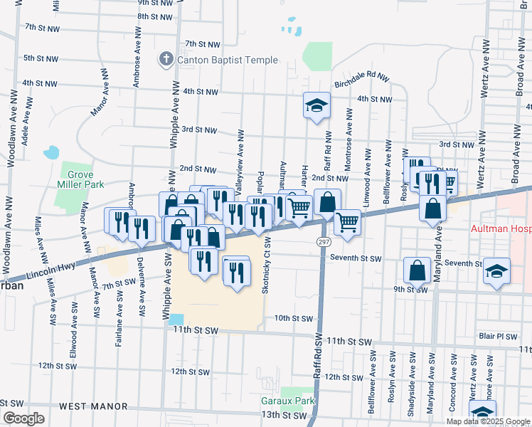 map of restaurants, bars, coffee shops, grocery stores, and more near 139 Aultman Avenue Northwest in Canton