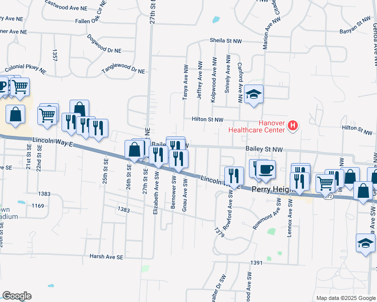 map of restaurants, bars, coffee shops, grocery stores, and more near 242 Tanya Avenue Northwest in Massillon