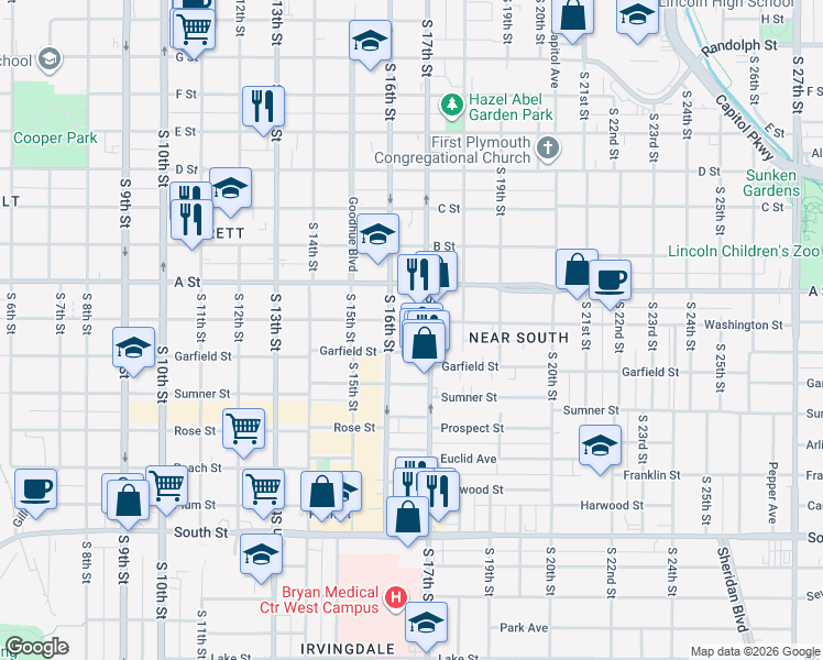 map of restaurants, bars, coffee shops, grocery stores, and more near 1622 Washington Street in Lincoln