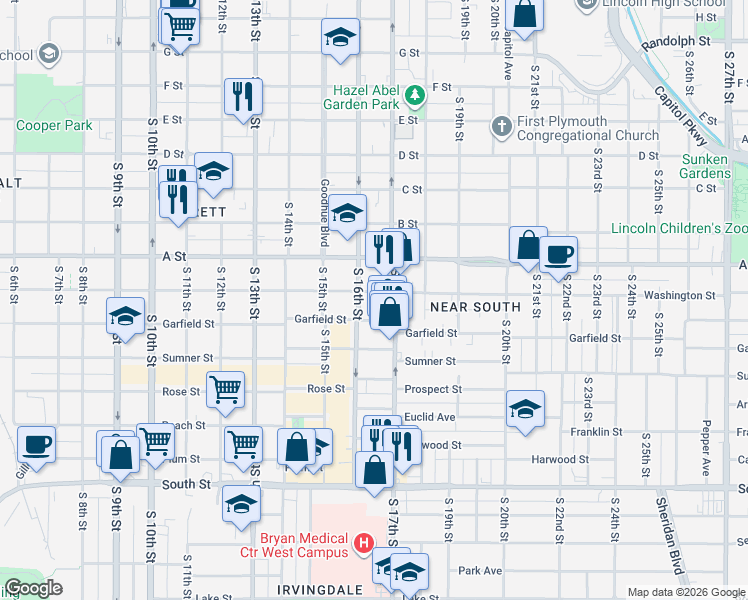map of restaurants, bars, coffee shops, grocery stores, and more near 1622 Washington Street in Lincoln