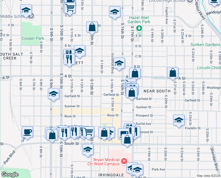 map of restaurants, bars, coffee shops, grocery stores, and more near 1436 Washington Street in Lincoln