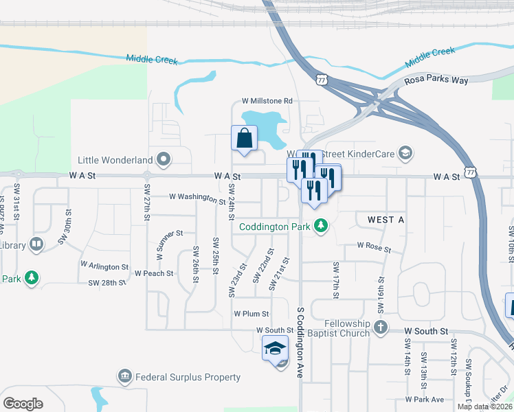 map of restaurants, bars, coffee shops, grocery stores, and more near 1424 Southwest 23rd Street in Lincoln