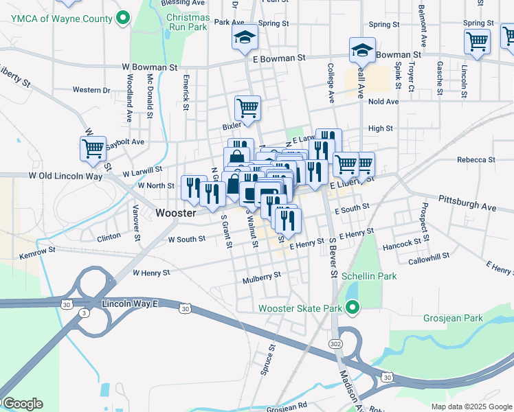map of restaurants, bars, coffee shops, grocery stores, and more near in Wooster
