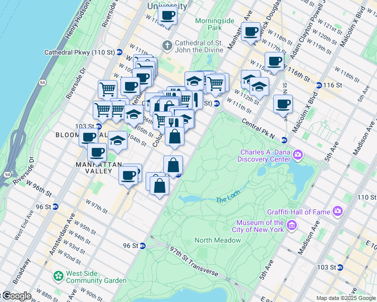 map of restaurants, bars, coffee shops, grocery stores, and more near 461 Central Park West in New York