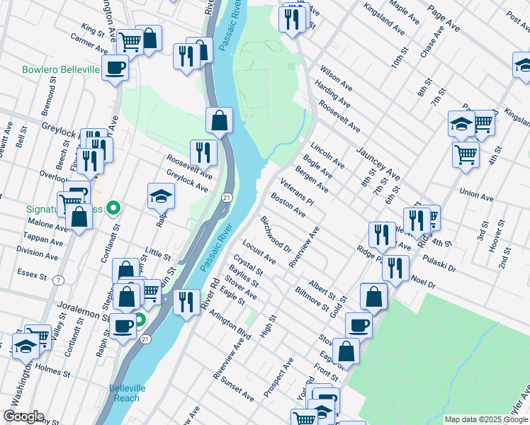 map of restaurants, bars, coffee shops, grocery stores, and more near 72 Birchwood Drive in North Arlington