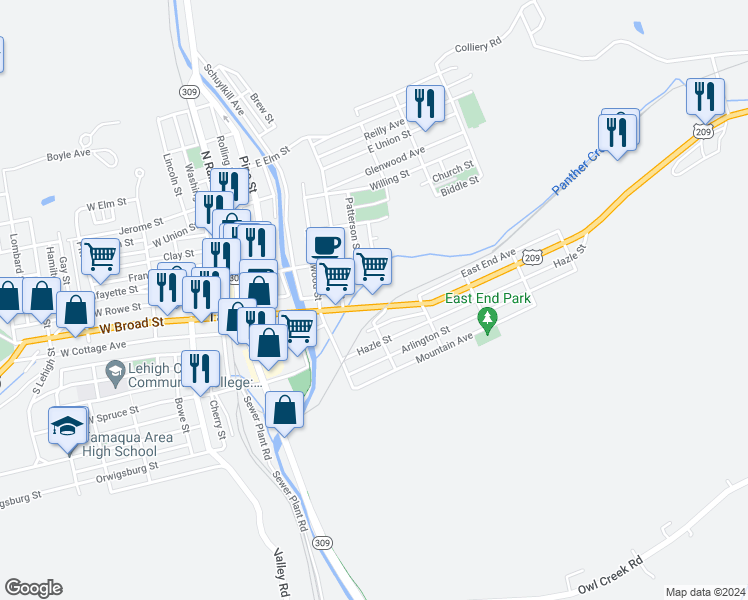 map of restaurants, bars, coffee shops, grocery stores, and more near 409 East Broad Street in Tamaqua