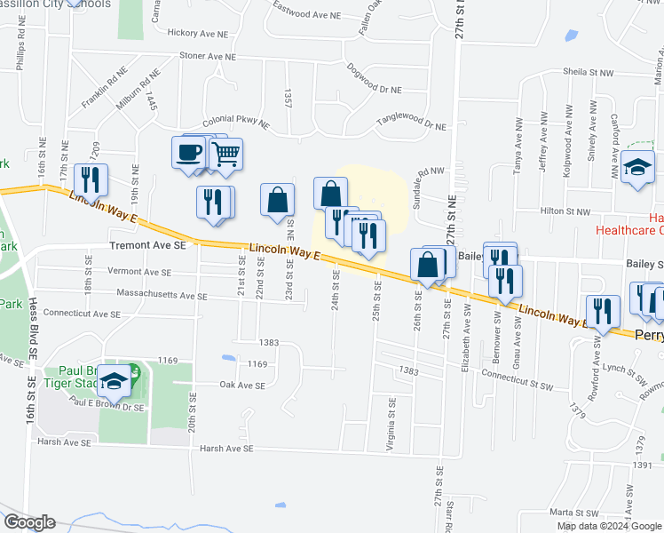 map of restaurants, bars, coffee shops, grocery stores, and more near 2357 Lincoln Way East in Massillon