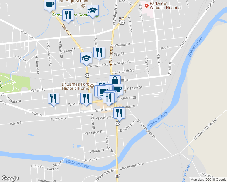 map of restaurants, bars, coffee shops, grocery stores, and more near 102 South Wabash Street in Wabash