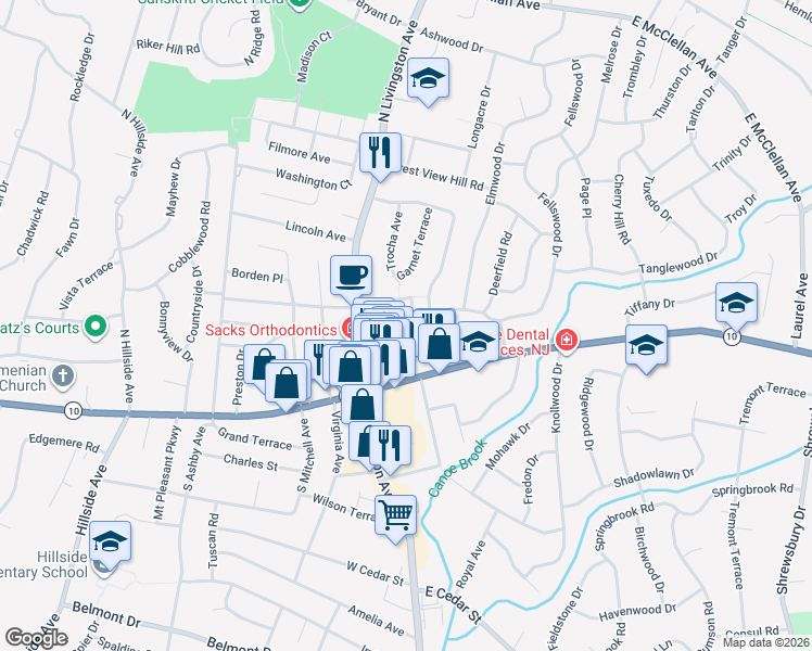 map of restaurants, bars, coffee shops, grocery stores, and more near 20 Carillon Circle in Livingston