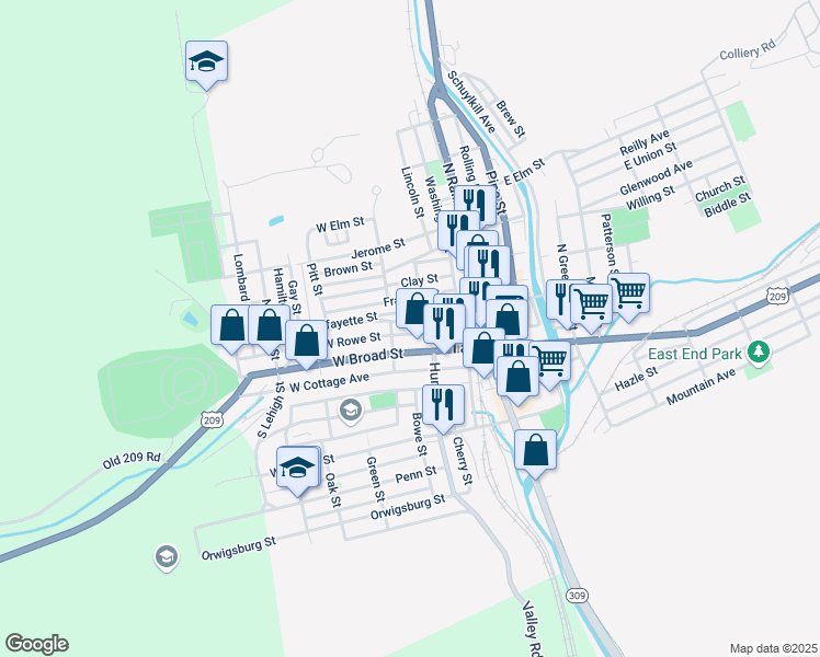 map of restaurants, bars, coffee shops, grocery stores, and more near 103 Lafayette Street in Tamaqua