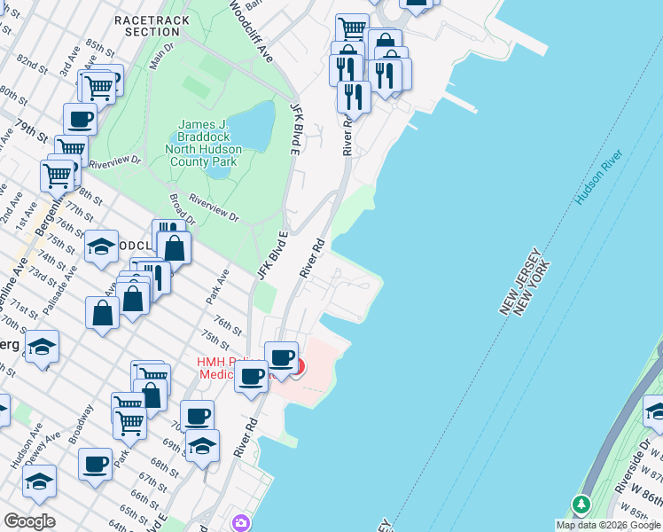 map of restaurants, bars, coffee shops, grocery stores, and more near 12760 River Road in North Bergen