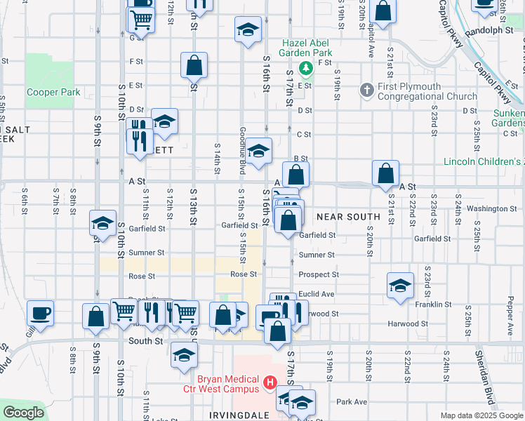 map of restaurants, bars, coffee shops, grocery stores, and more near 1545 Washington Street in Lincoln