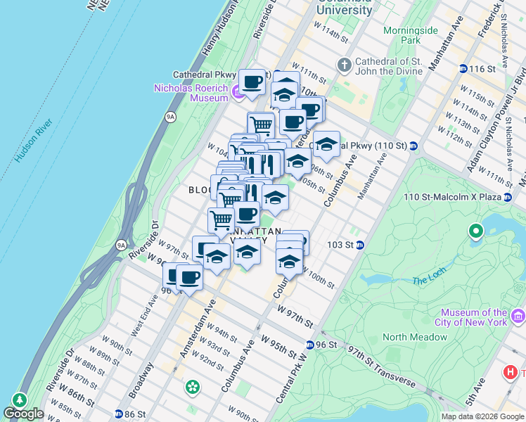 map of restaurants, bars, coffee shops, grocery stores, and more near Amsterdam Ave & W 102nd St in New York