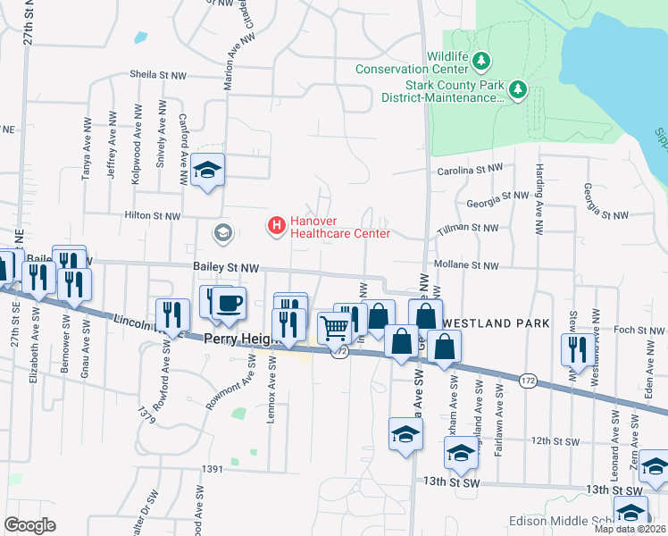map of restaurants, bars, coffee shops, grocery stores, and more near 3412 Bailey Street Northwest in Massillon