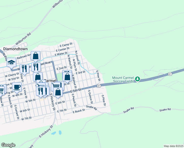 map of restaurants, bars, coffee shops, grocery stores, and more near E 3rd St in Mt Carmel
