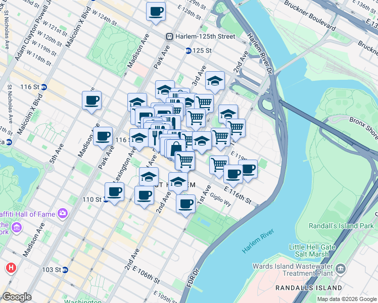 map of restaurants, bars, coffee shops, grocery stores, and more near 226 East 118th Street in New York