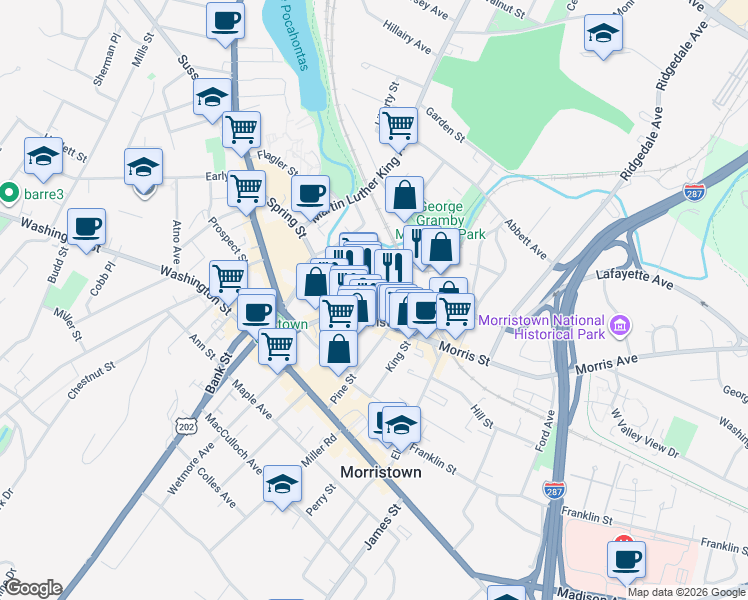 map of restaurants, bars, coffee shops, grocery stores, and more near 110 Morris Street in Morristown