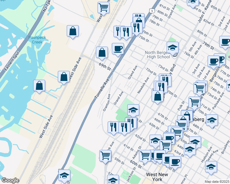 map of restaurants, bars, coffee shops, grocery stores, and more near 6611 Columbia Ave in North Bergen