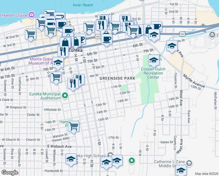map of restaurants, bars, coffee shops, grocery stores, and more near 1114 10th Street in Eureka