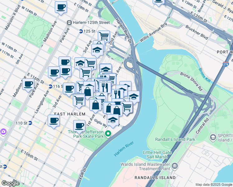 map of restaurants, bars, coffee shops, grocery stores, and more near 413 East 120th Street in New York