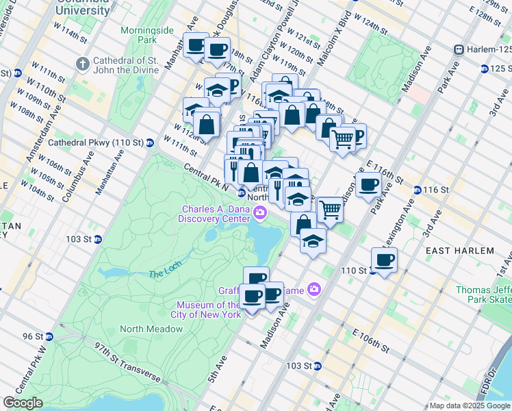 map of restaurants, bars, coffee shops, grocery stores, and more near 52 West 111th Street in New York
