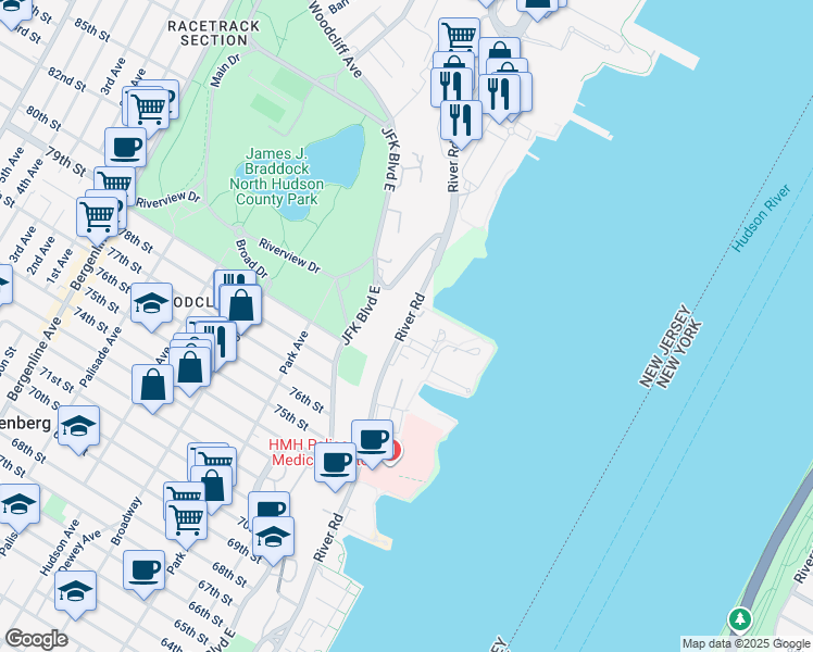 map of restaurants, bars, coffee shops, grocery stores, and more near 12760 River Road in North Bergen