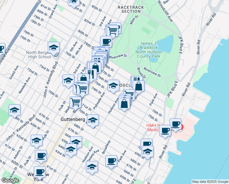 map of restaurants, bars, coffee shops, grocery stores, and more near 326 76th Street in North Bergen
