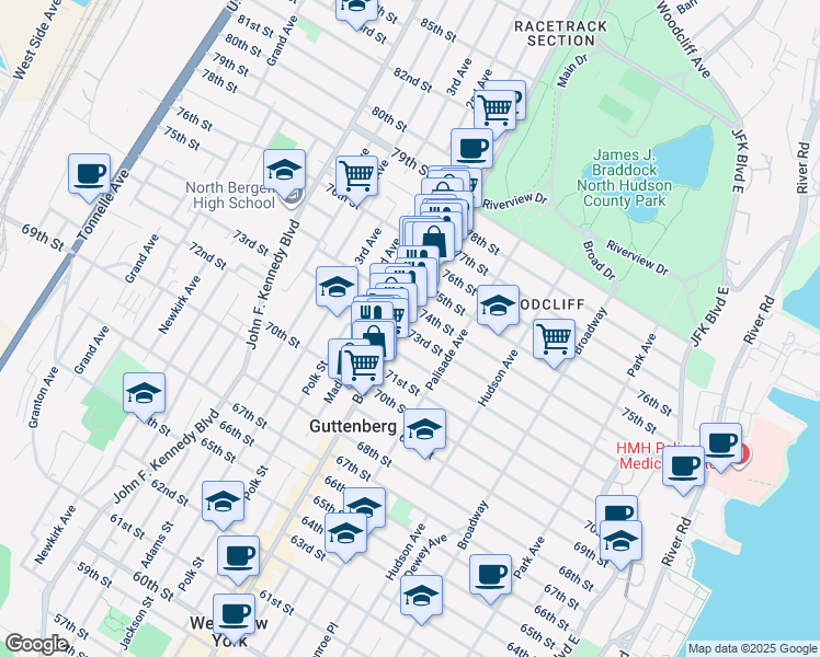 map of restaurants, bars, coffee shops, grocery stores, and more near 432 74th Street in North Bergen
