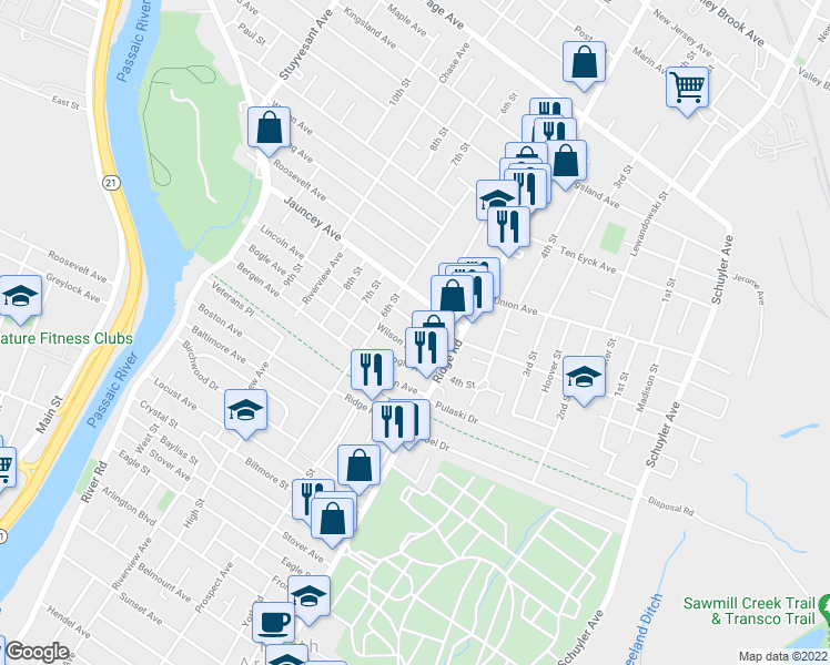 map of restaurants, bars, coffee shops, grocery stores, and more near 18 Brandenburg Place in North Arlington