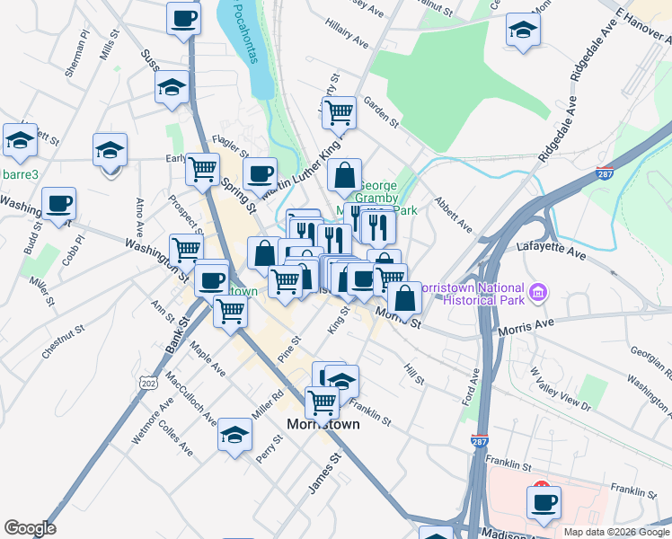 map of restaurants, bars, coffee shops, grocery stores, and more near 1 Lafayette Avenue in Morristown