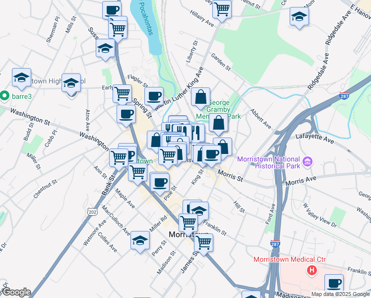 map of restaurants, bars, coffee shops, grocery stores, and more near 17 Spring Place in Morristown
