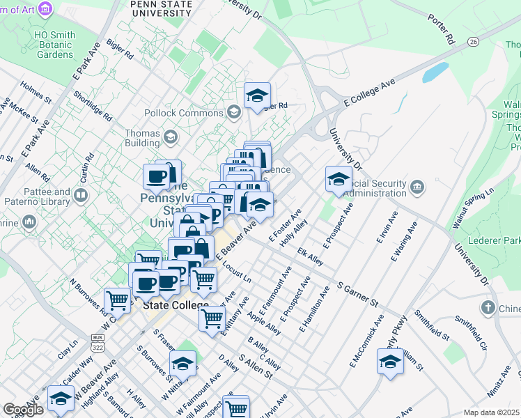 map of restaurants, bars, coffee shops, grocery stores, and more near 478 East Calder Way in State College