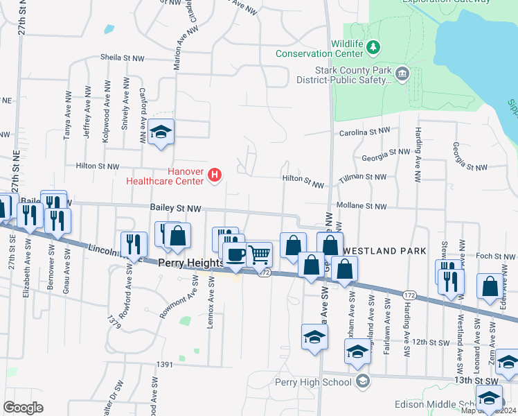 map of restaurants, bars, coffee shops, grocery stores, and more near 3400 Bailey Street Northwest in Massillon