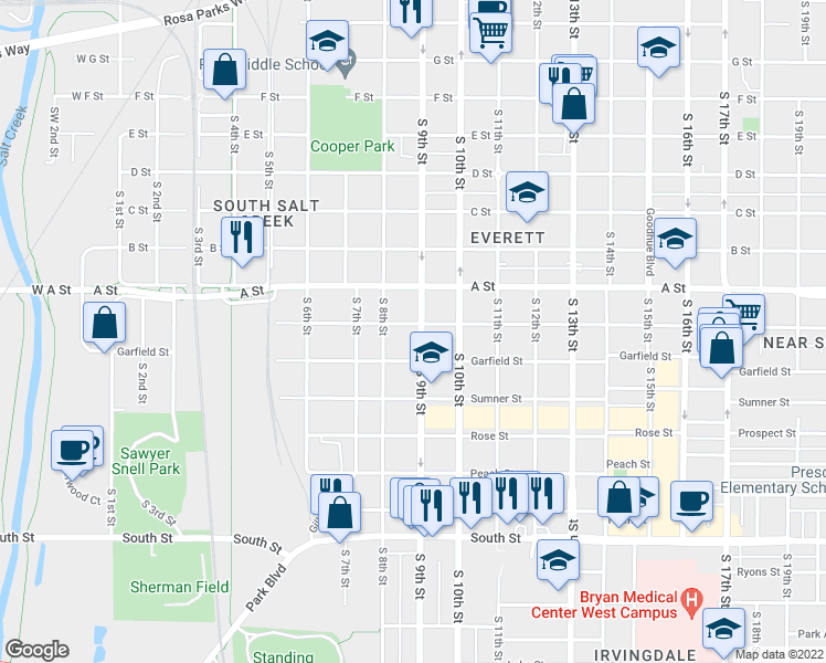 map of restaurants, bars, coffee shops, grocery stores, and more near 818 Washington Street in Lincoln