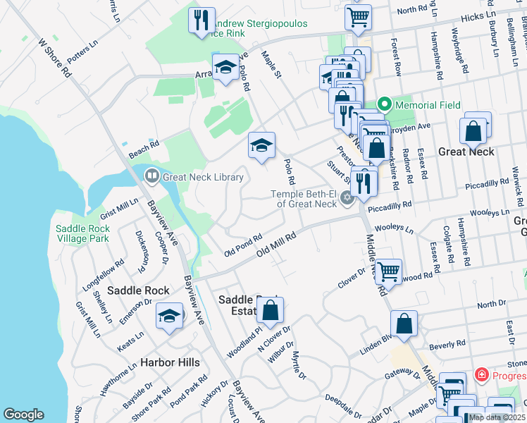map of restaurants, bars, coffee shops, grocery stores, and more near 12 William Penn Road in Great Neck
