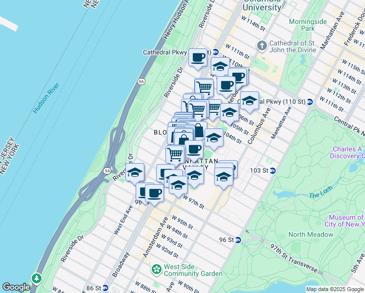 map of restaurants, bars, coffee shops, grocery stores, and more near 220 West 101st Street in New York