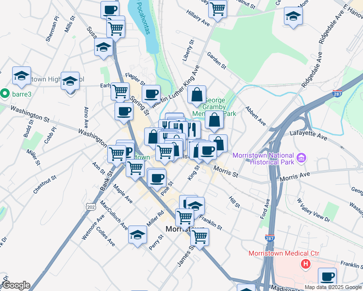 map of restaurants, bars, coffee shops, grocery stores, and more near 110 Morris Street in Morristown