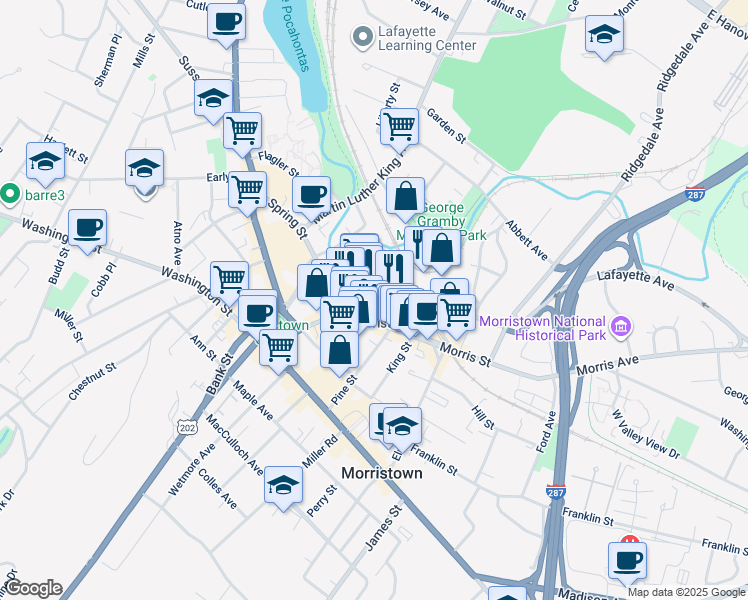 map of restaurants, bars, coffee shops, grocery stores, and more near 110 Morris Street in Morristown