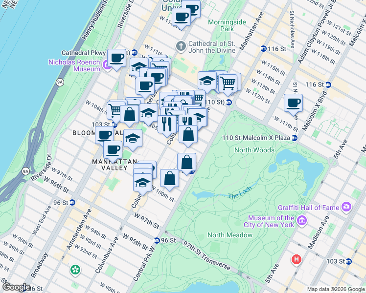 map of restaurants, bars, coffee shops, grocery stores, and more near 143-147 West 106th Street in New York