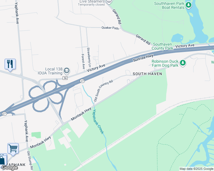map of restaurants, bars, coffee shops, grocery stores, and more near 34 Old South Country Road in Brookhaven