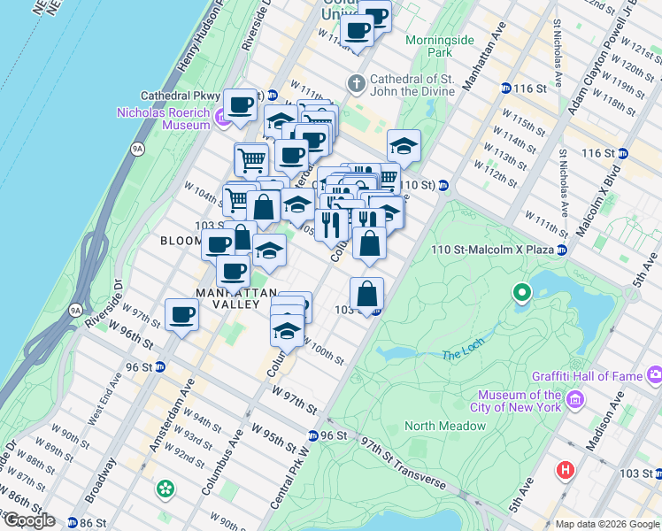map of restaurants, bars, coffee shops, grocery stores, and more near Columbus Ave & W 104th St in New York